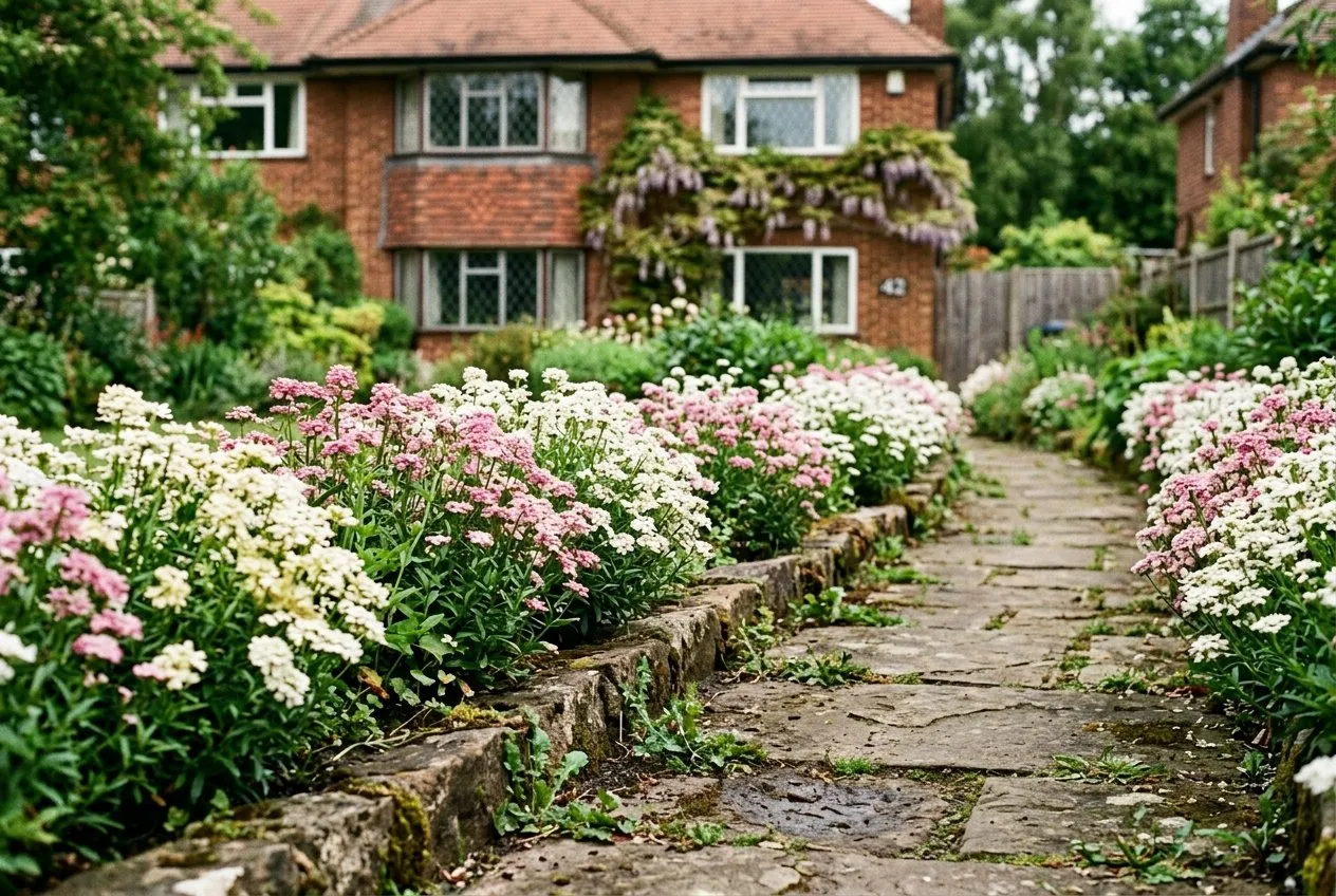 Candytuft self-sown along the edge of a stone path in a Staffordshire suburban garden