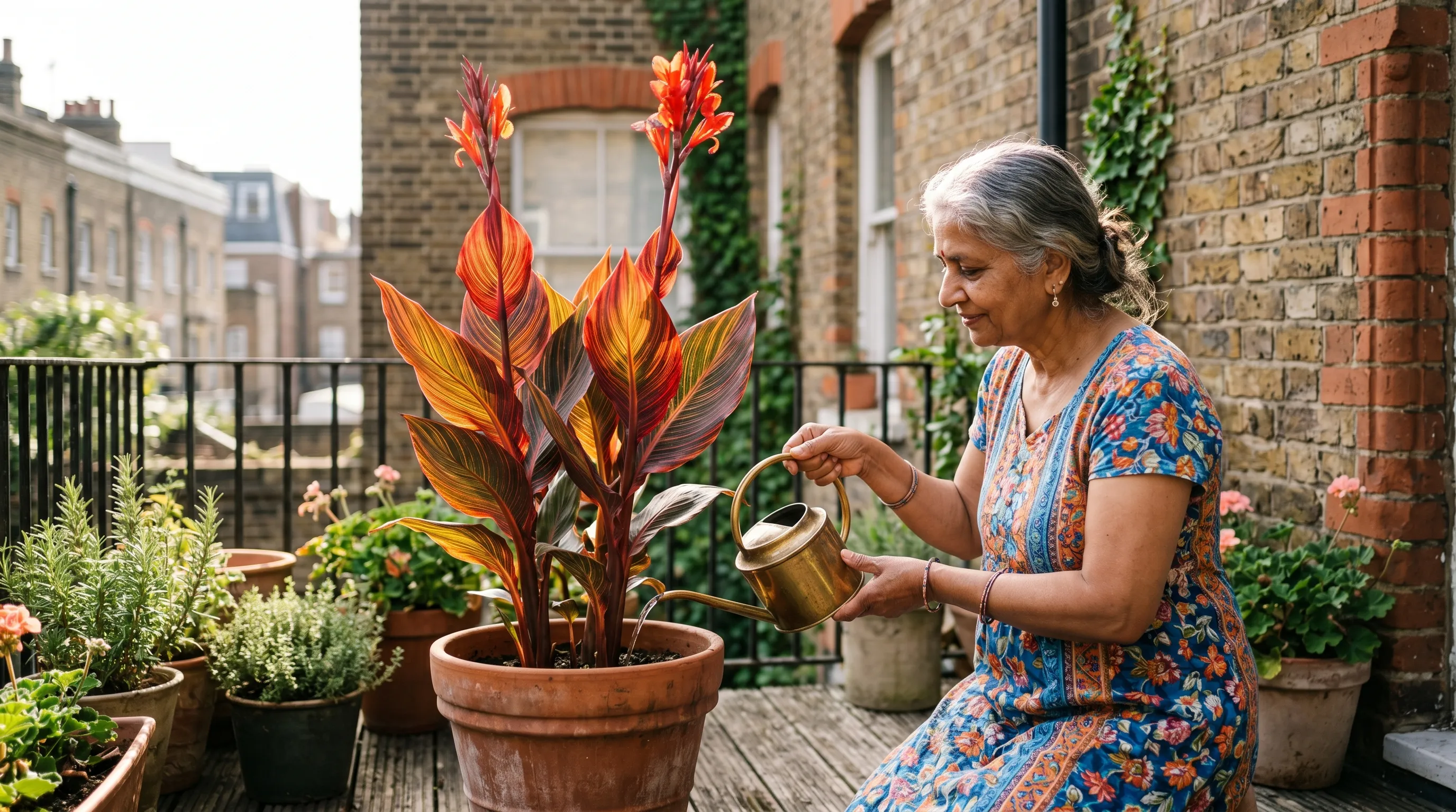 Older Indian woman watering a tall red Tropicanna canna in a terracotta pot on an urban courtyard balcony