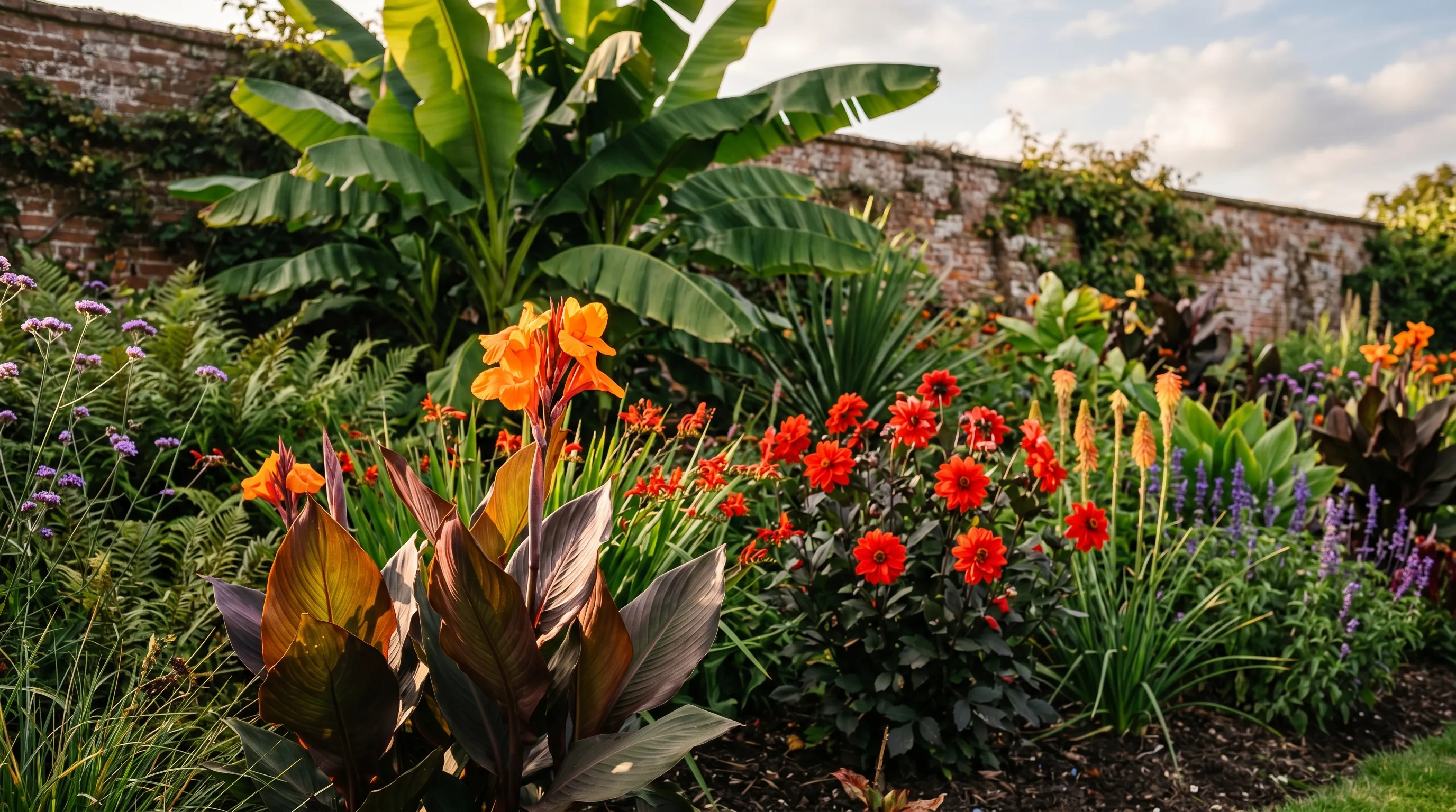 Exotic-effect border with hardy banana, orange Canna Wyoming, and scarlet dahlias