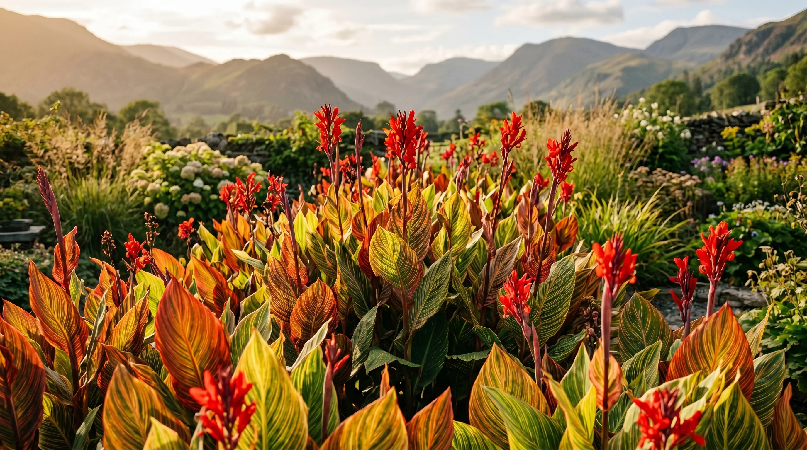 Mass planting of red Tropicanna cannas in a UK garden with distant fells