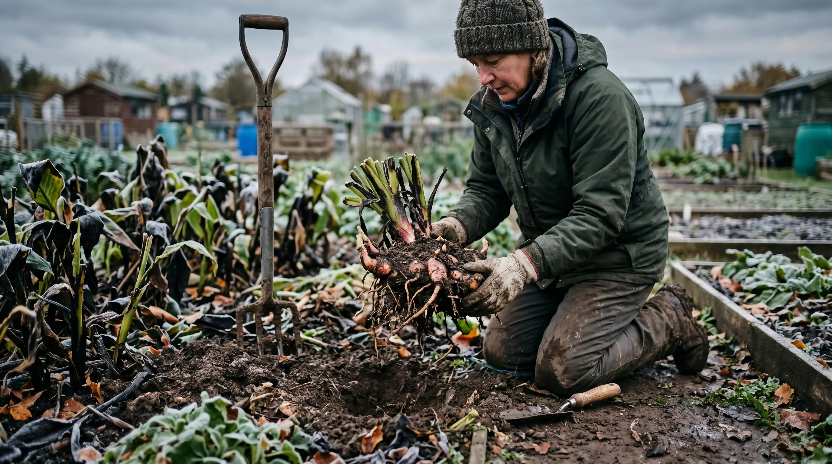 Gardener lifting canna rhizomes from a frost-damaged border in late October
