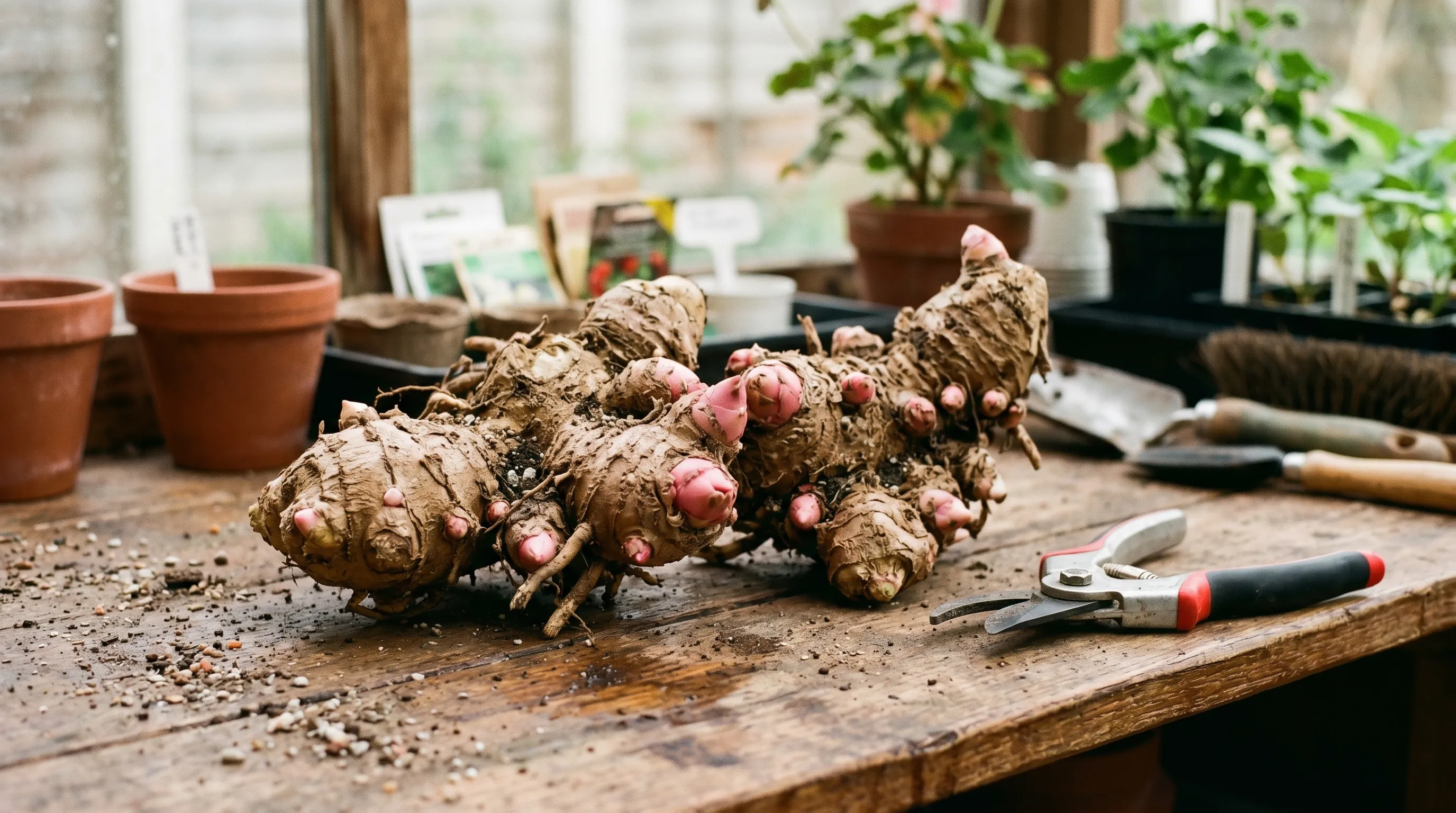 Two large canna rhizomes on a wooden bench showing buds and eyes
