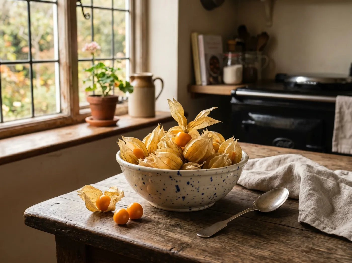 Bowl of golden cape gooseberries in opened papery husks on a kitchen table