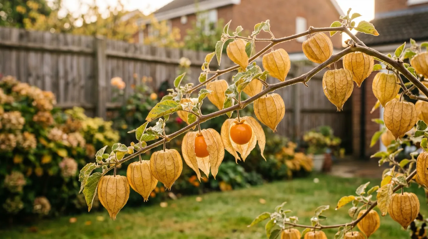 Cape gooseberry branch heavy with papery golden husks, one peeled to show the orange berry, in a UK garden