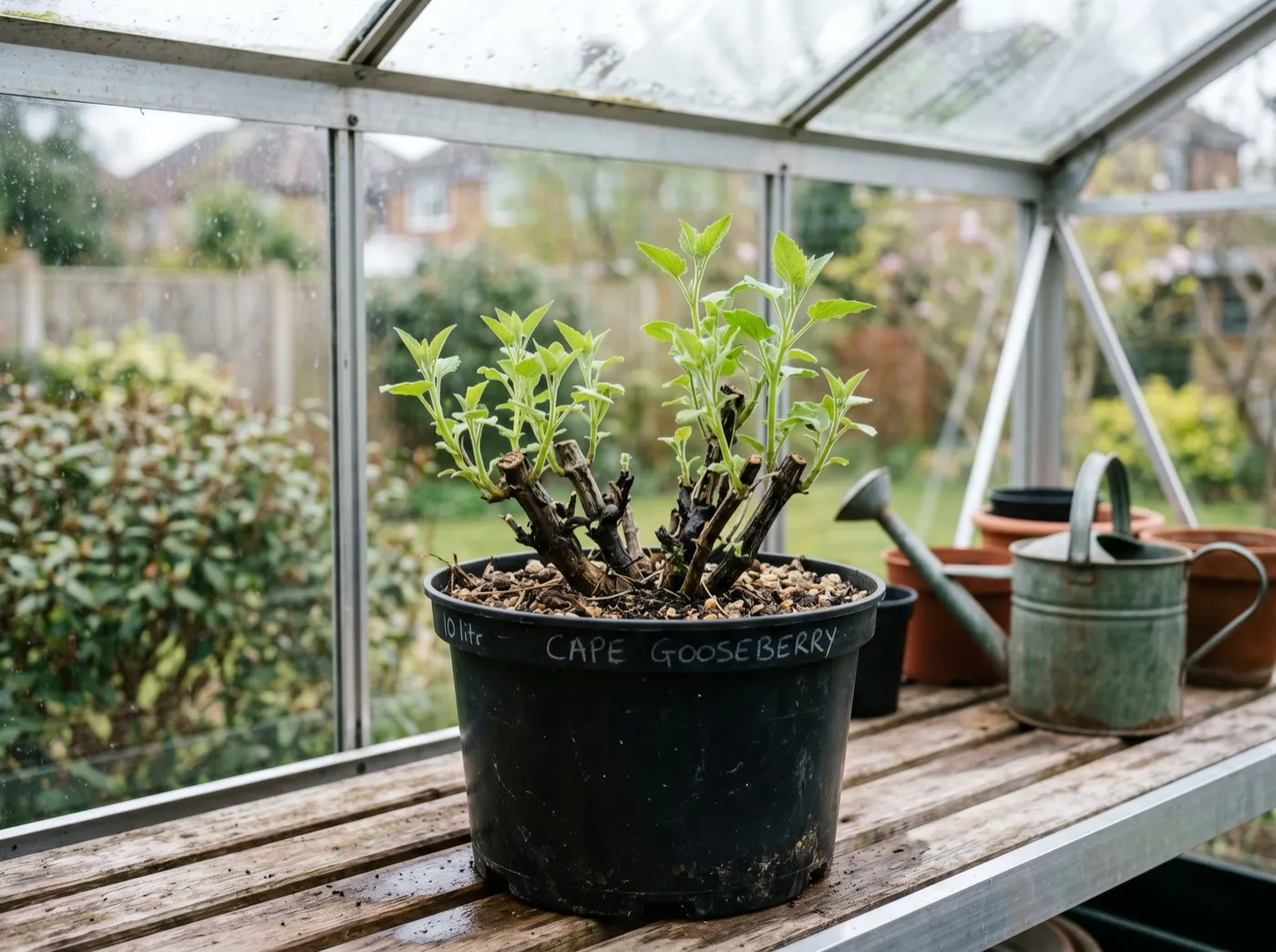 Cut-back overwintered cape gooseberry in a pot reshooting from its woody base in spring