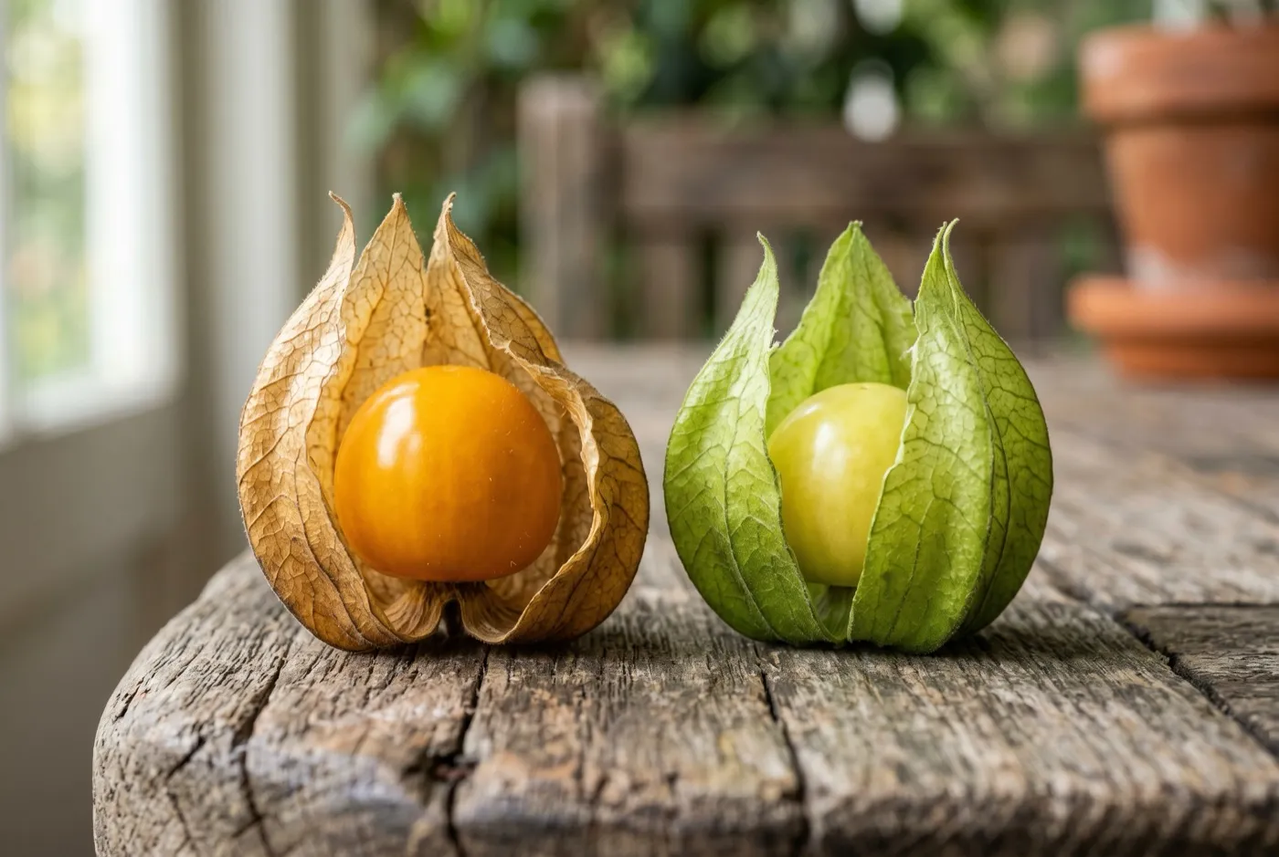 Ripe straw-brown papery cape gooseberry husk beside an unripe green husk, both opened to show the berries