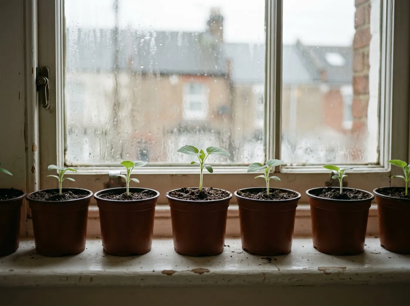 Cape gooseberry seedlings in 9cm pots on a bright windowsill in early spring