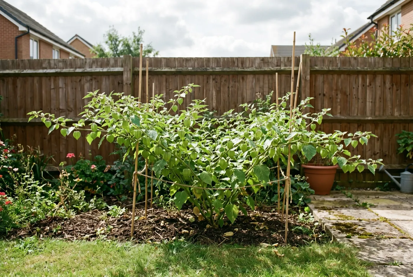 Sprawling cape gooseberry plant covering a sunny border bed beside a garden fence in a UK garden