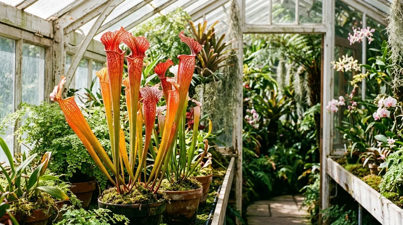 Tall Sarracenia pitcher plants in a Victorian-style greenhouse with bright yellow trumpets