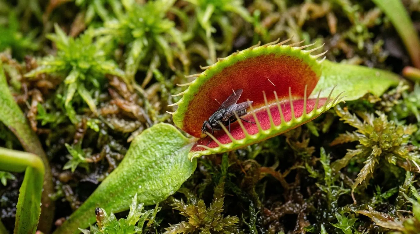 Single Venus flytrap close-up with caught fly between trap lobes