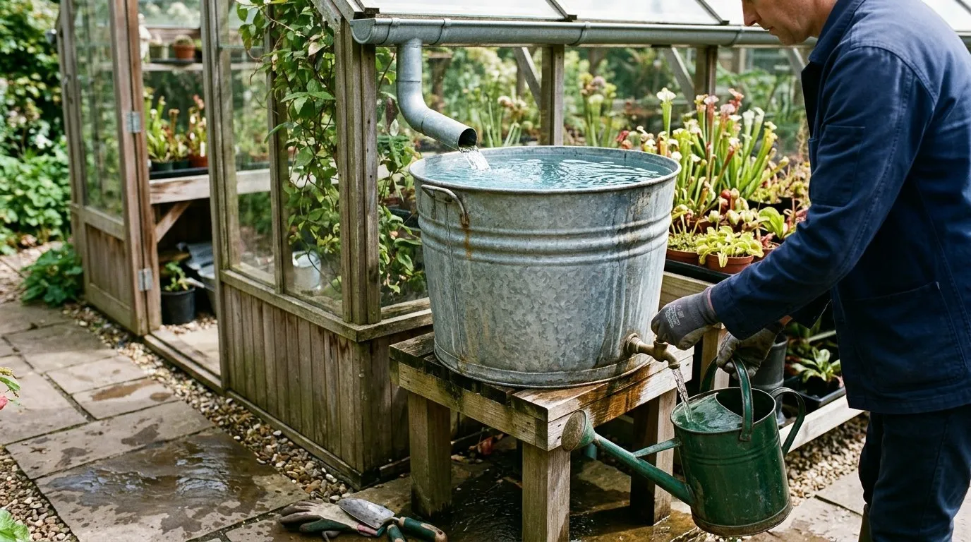Galvanised water butt collecting rainwater for carnivorous plant watering