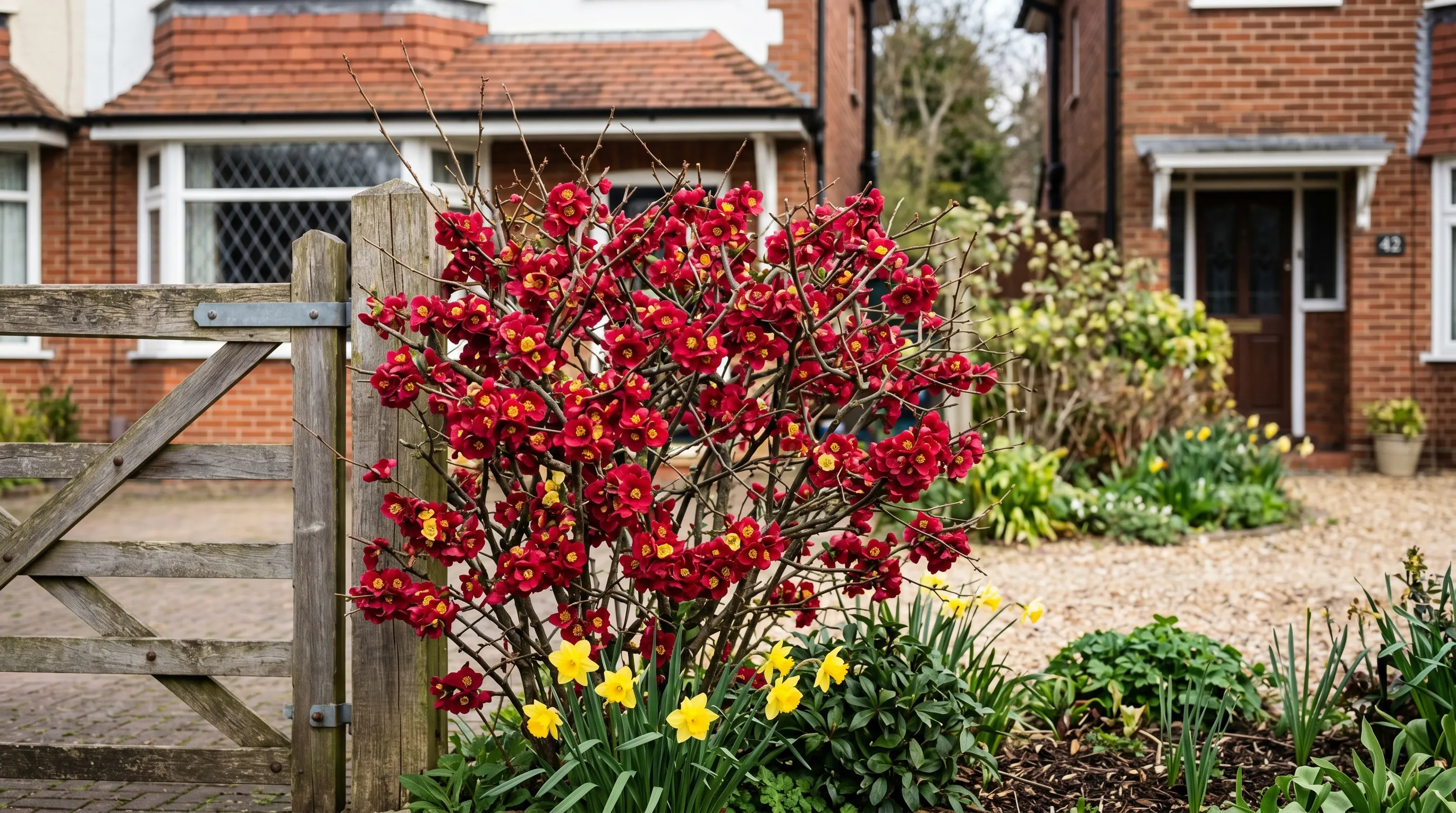 Chaenomeles x superba Crimson and Gold in full flower in March outside a suburban Birmingham home