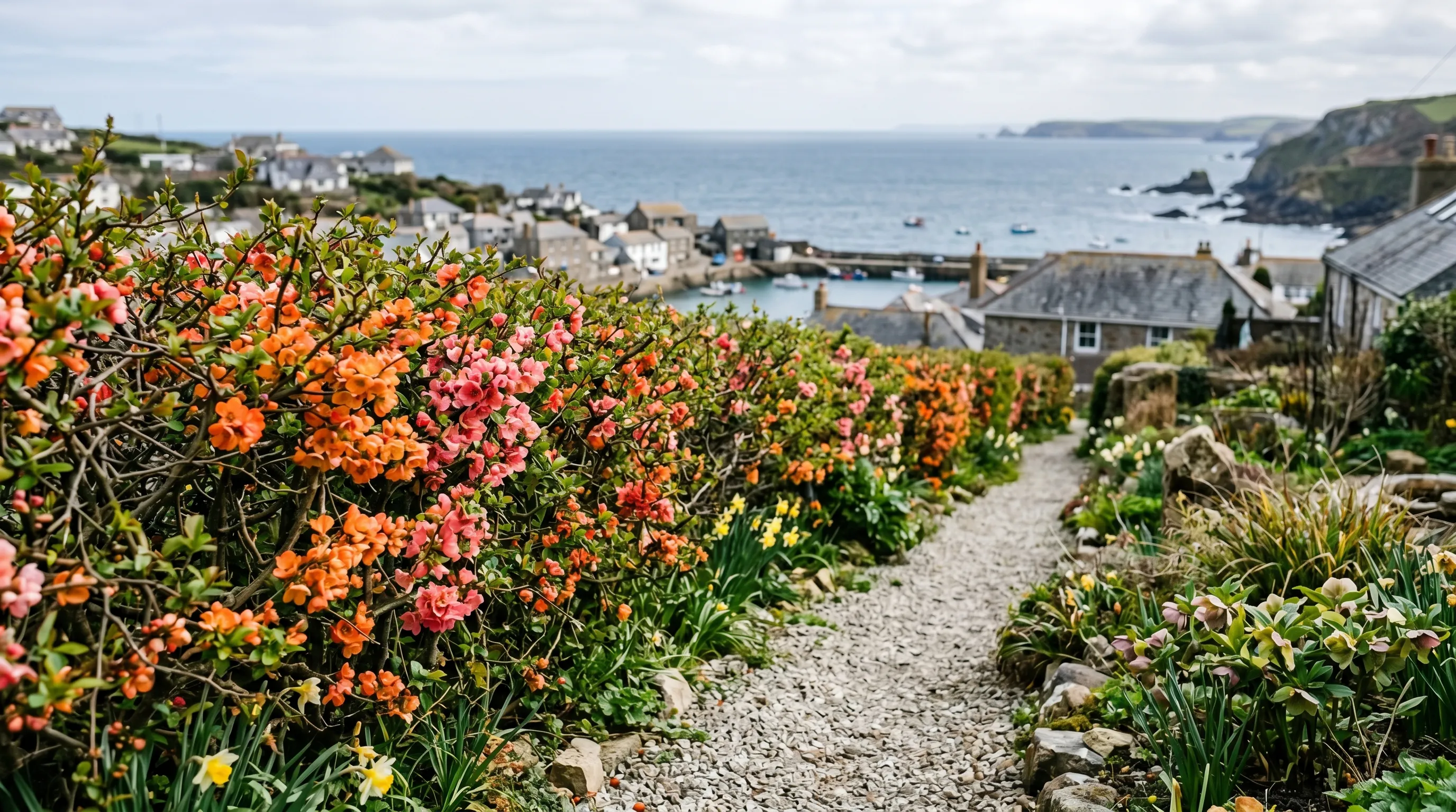 Low informal Chaenomeles hedge along a gravel path in a Cornish seaside front garden