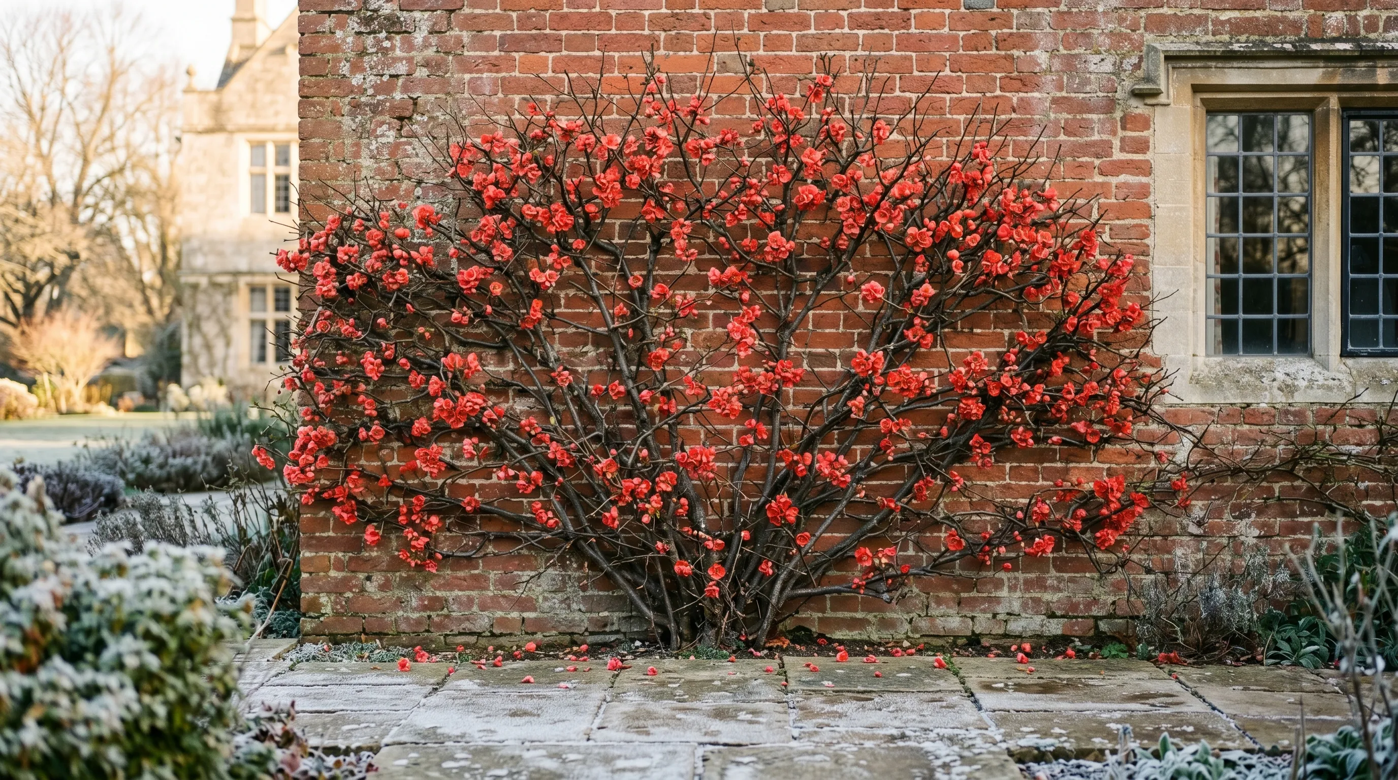 Mature Chaenomeles speciosa trained against a red brick wall in flower in February