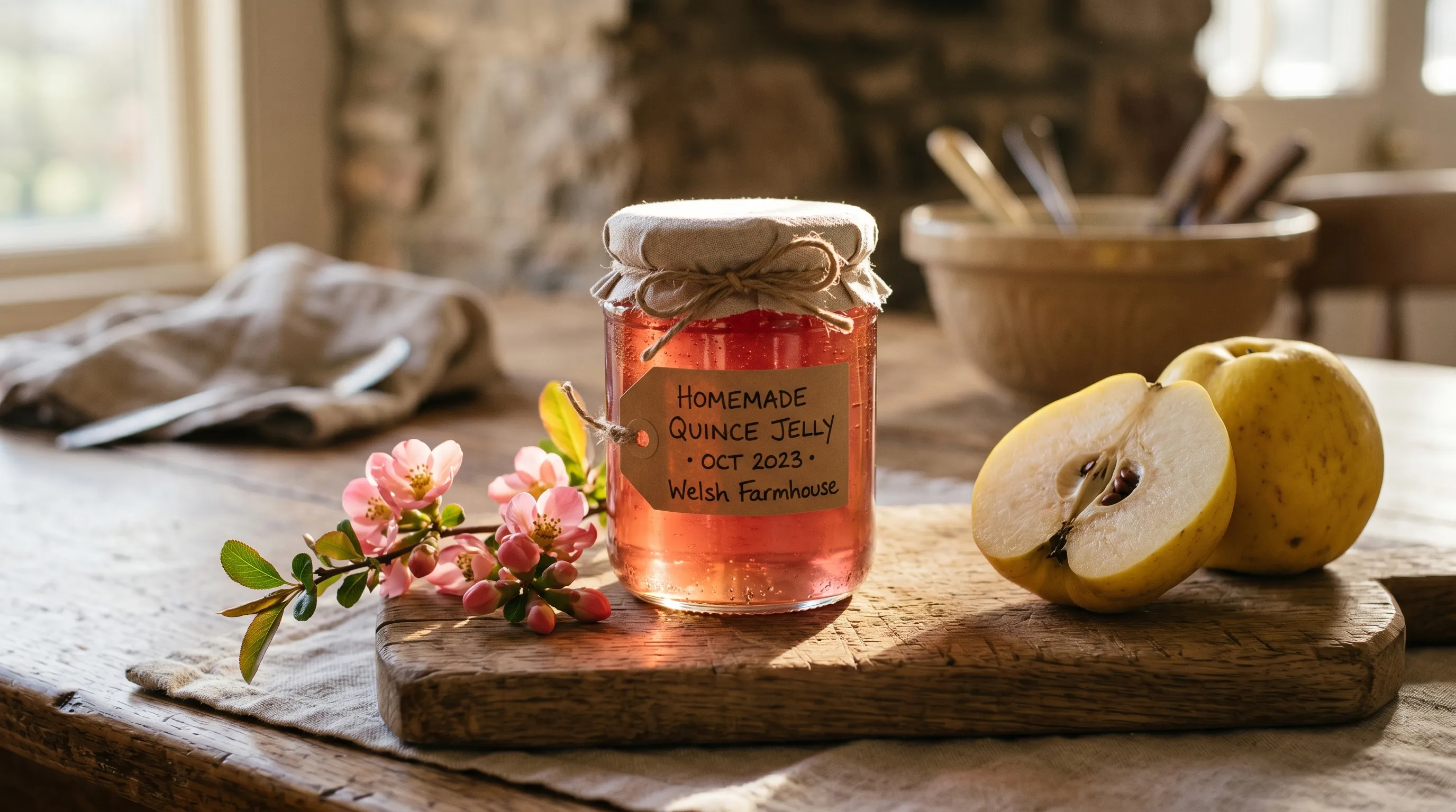 A jar of homemade quince jelly with deep amber-pink colour next to a sprig of pink chaenomeles flowers