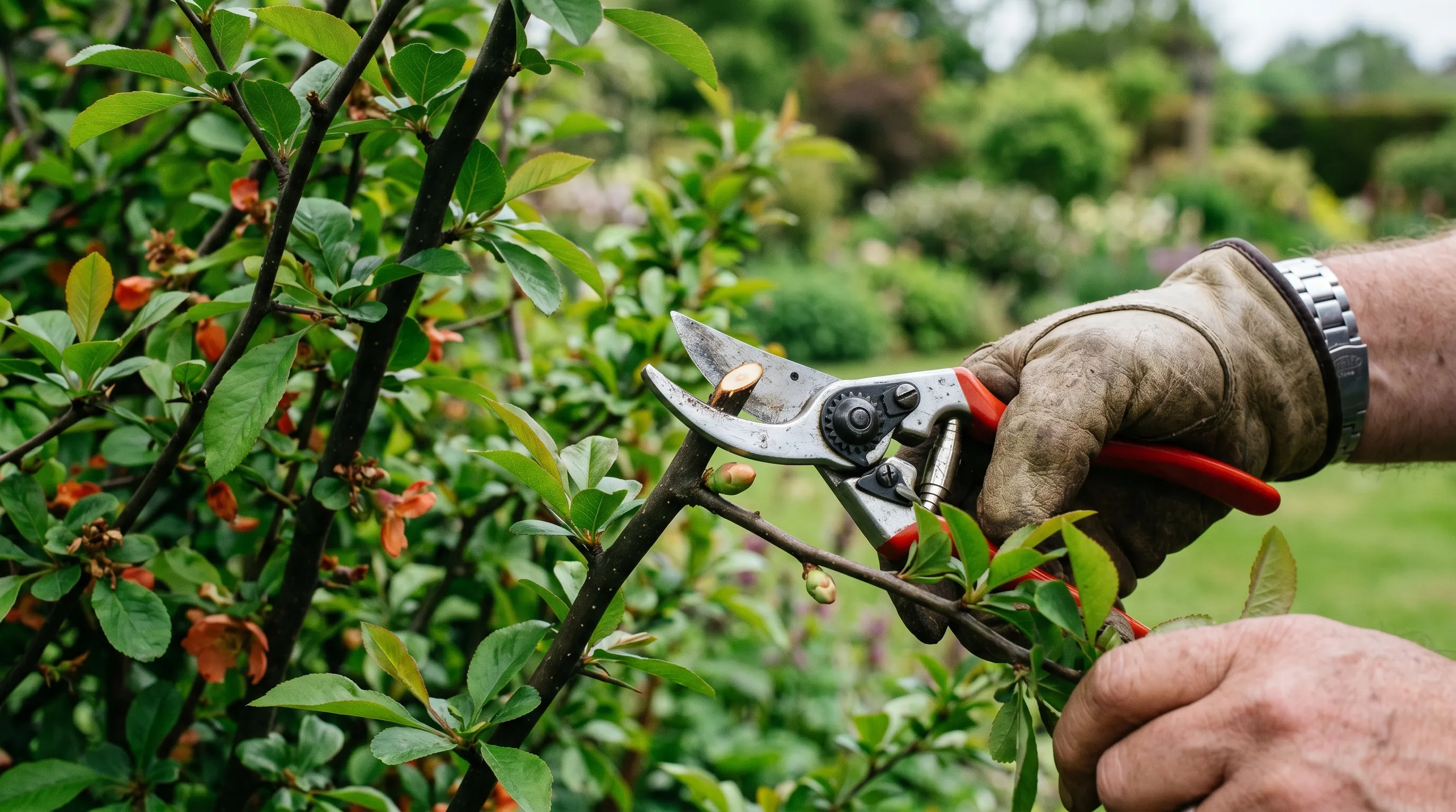 Pair of bypass secateurs making a clean angled cut above an outward-facing bud on a chaenomeles branch in late May