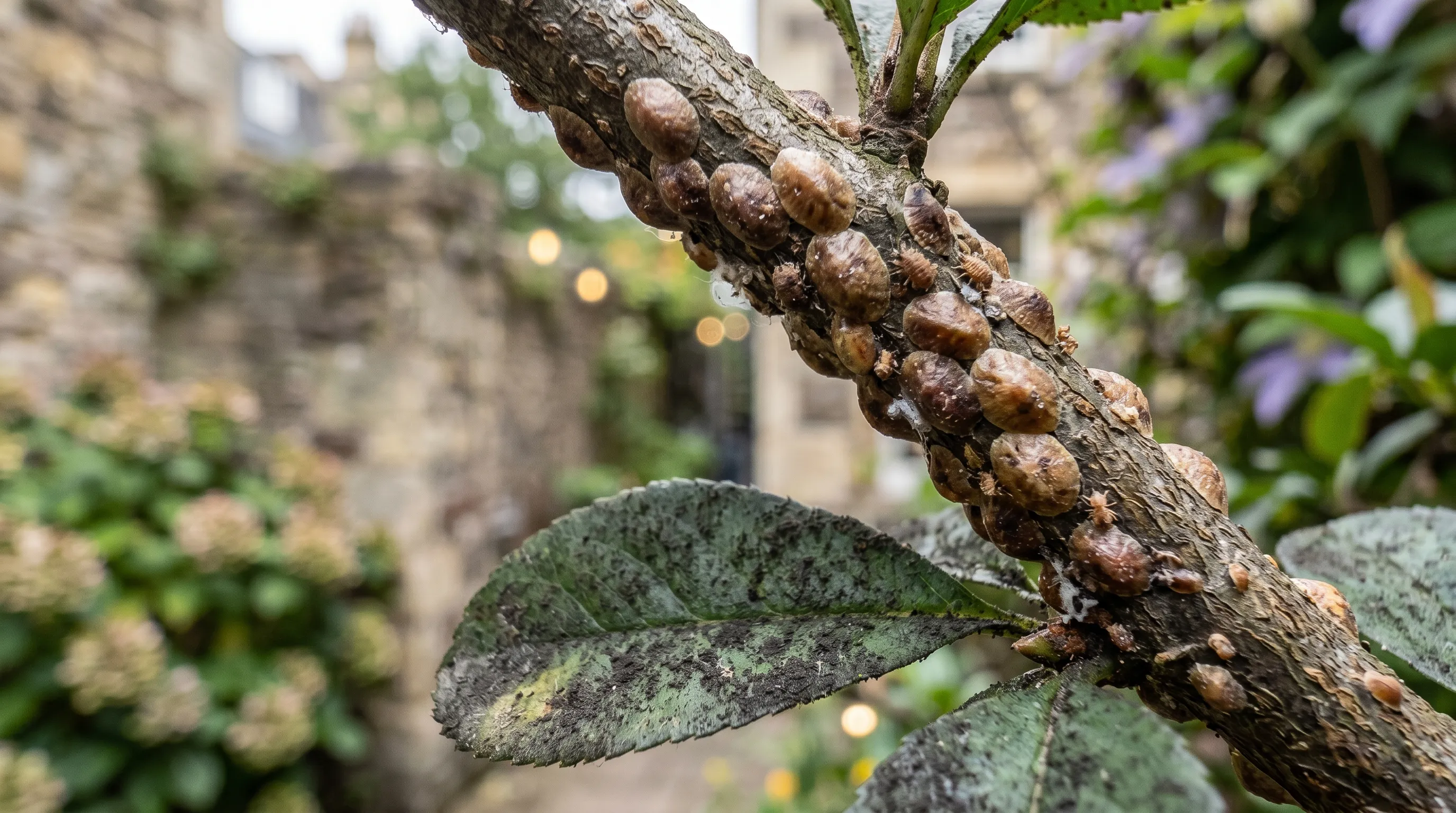Brown scale insects on a Chaenomeles stem with sooty mould below on a leaf