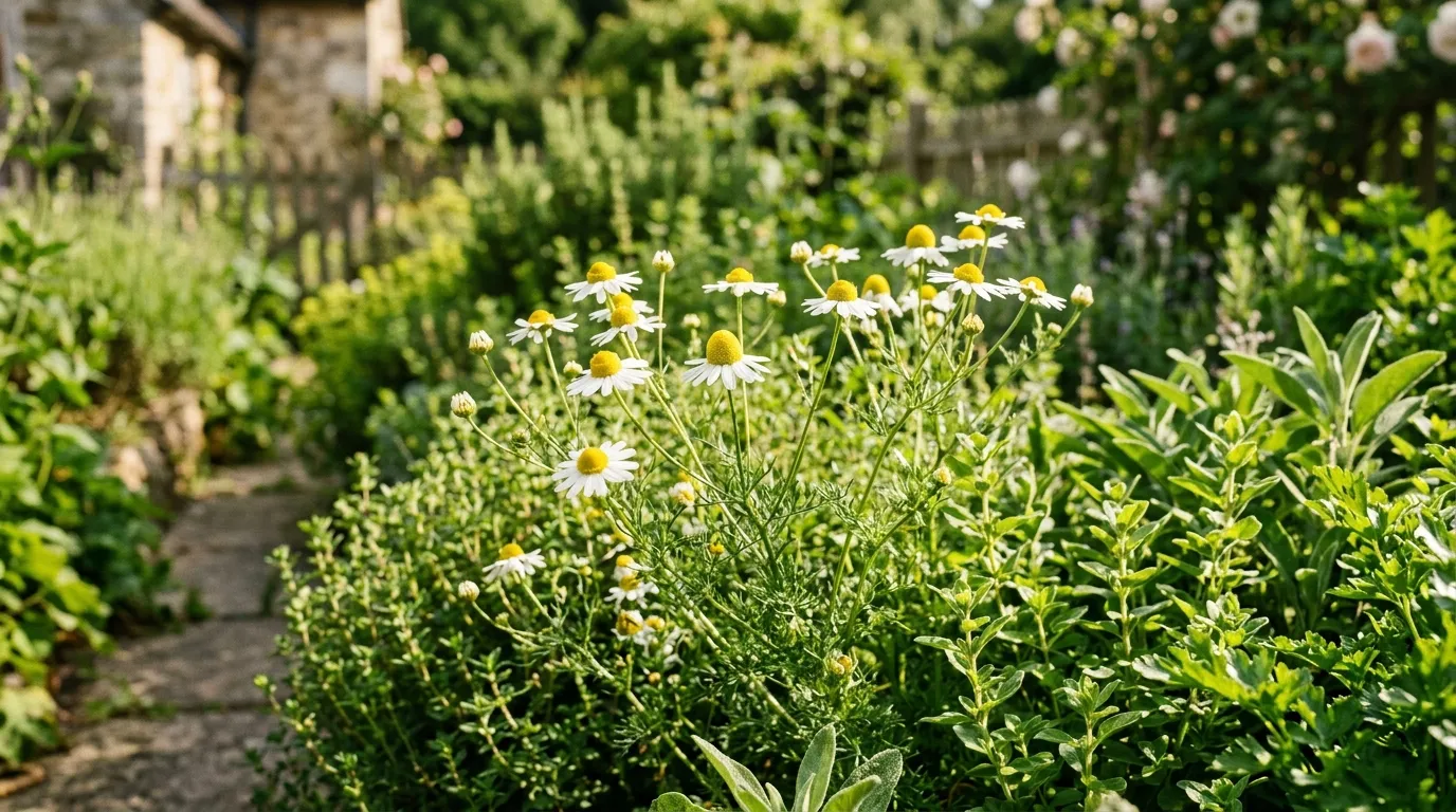 Chamomile flowers blooming in a UK cottage herb garden with white petals and yellow centres
