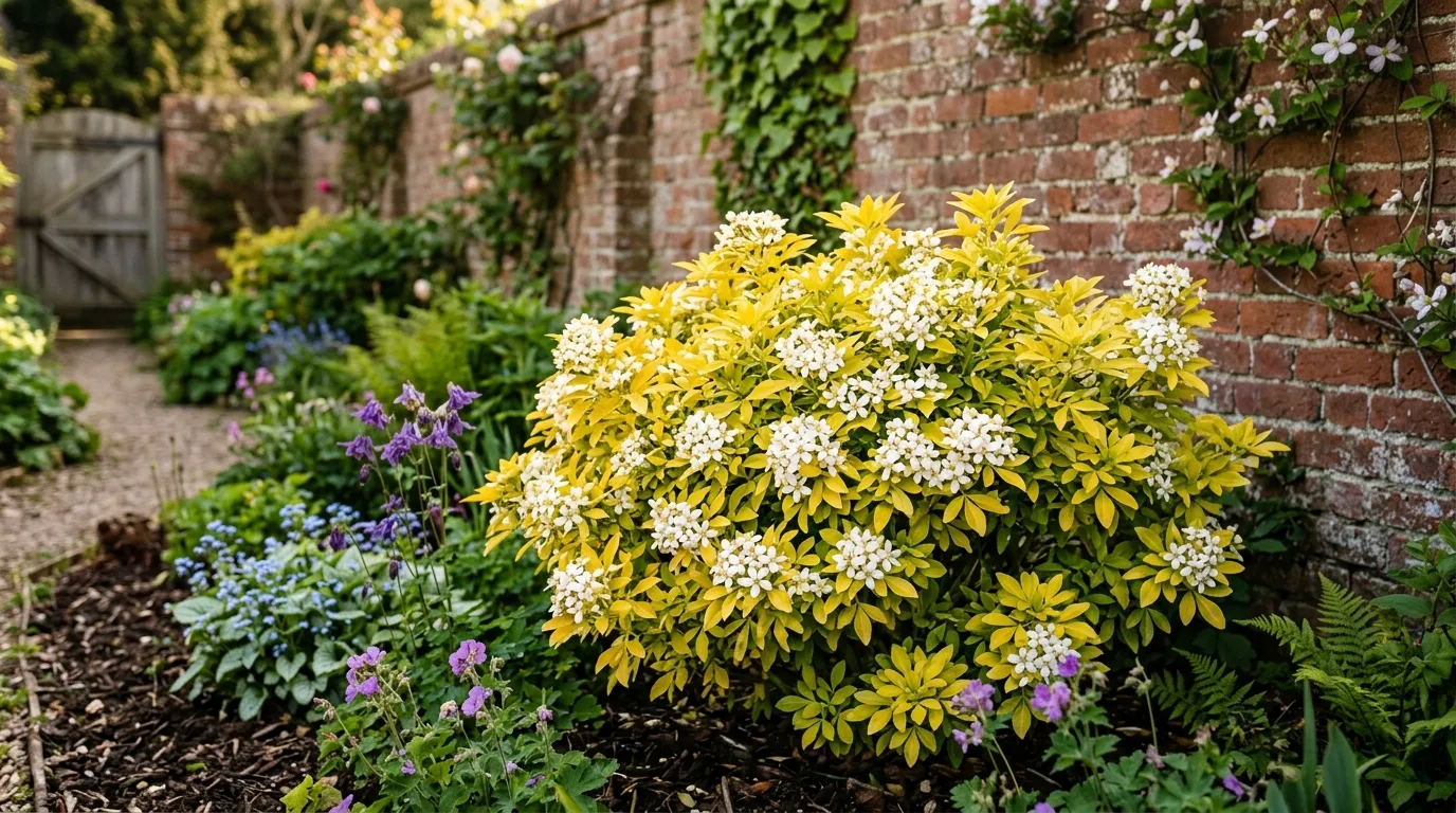 Choisya ternata Sundance with golden foliage and white fragrant flowers growing in a sheltered UK garden border