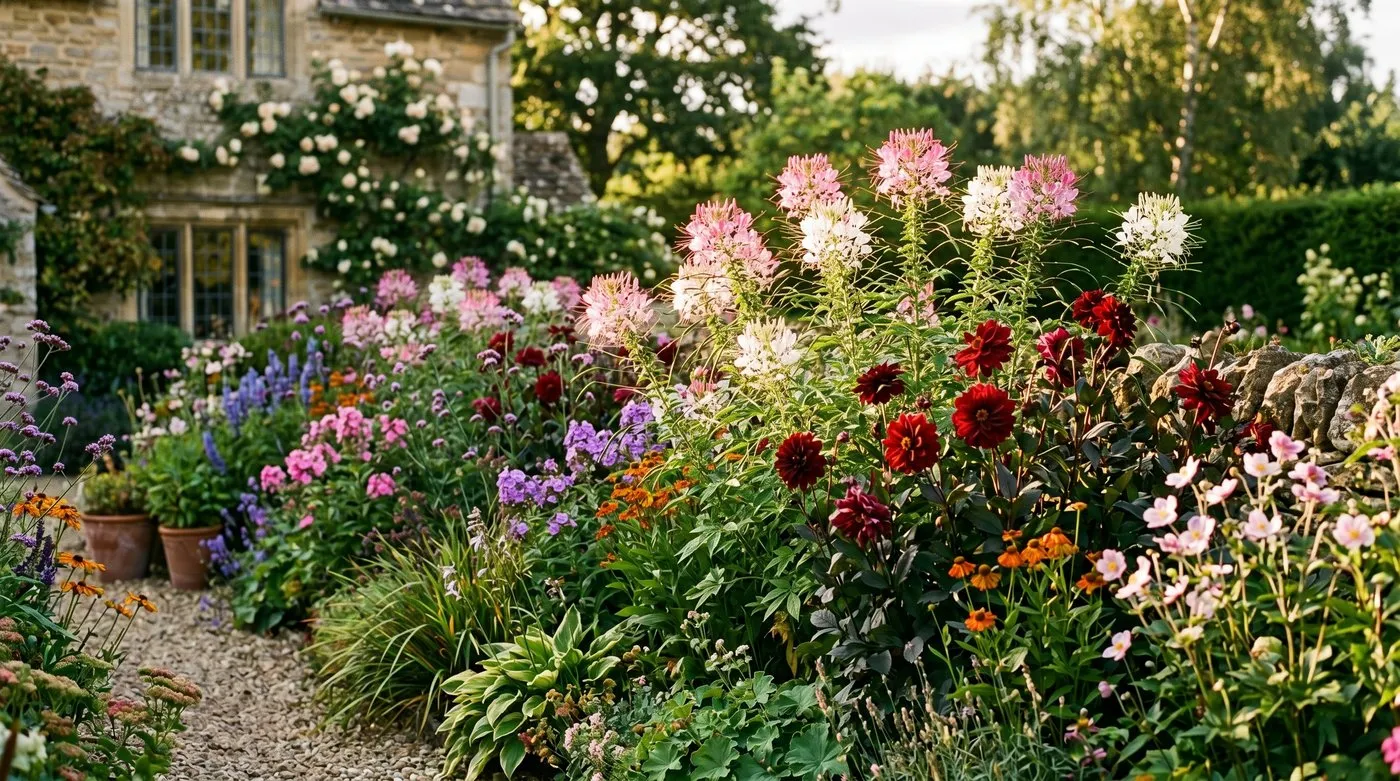 Tall pink and white cleome spider flowers at the back of a UK border alongside dark red dahlias