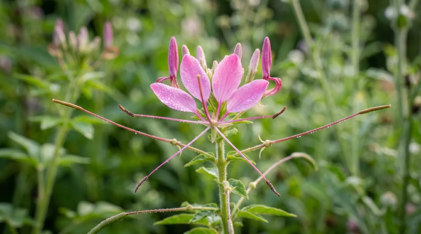 Close-up of a single pink cleome spider flower showing long protruding stamens and narrow petals