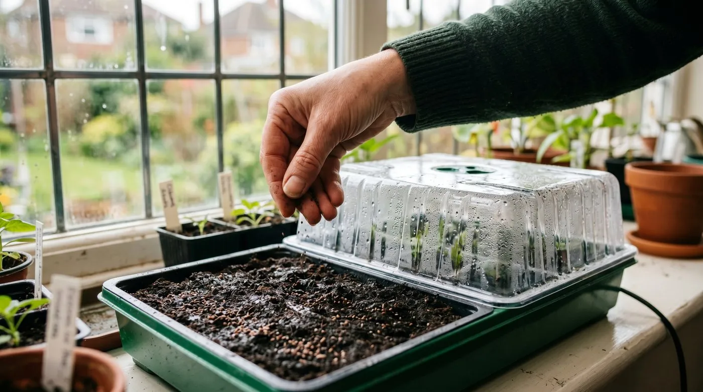 Fine cleome seed being surface-sown onto moist compost in a heated propagator on a UK windowsill