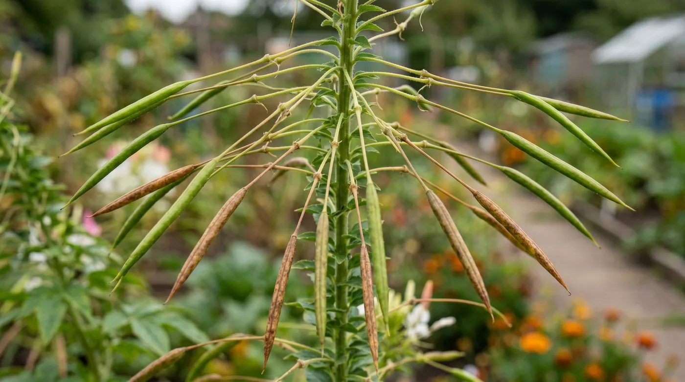 Distinctive long thin seed pods of cleome splaying out from the stem, ripening green and brown