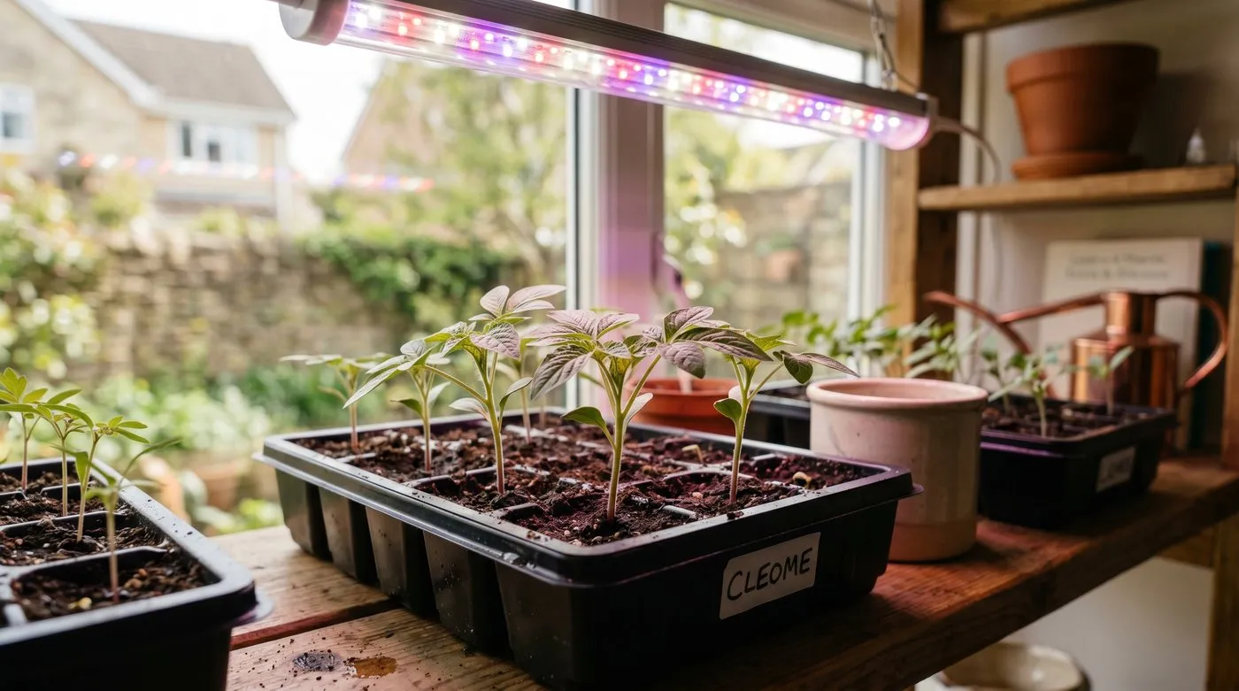 Young cleome seedlings with first true leaves growing under LED grow lights on a UK home shelf