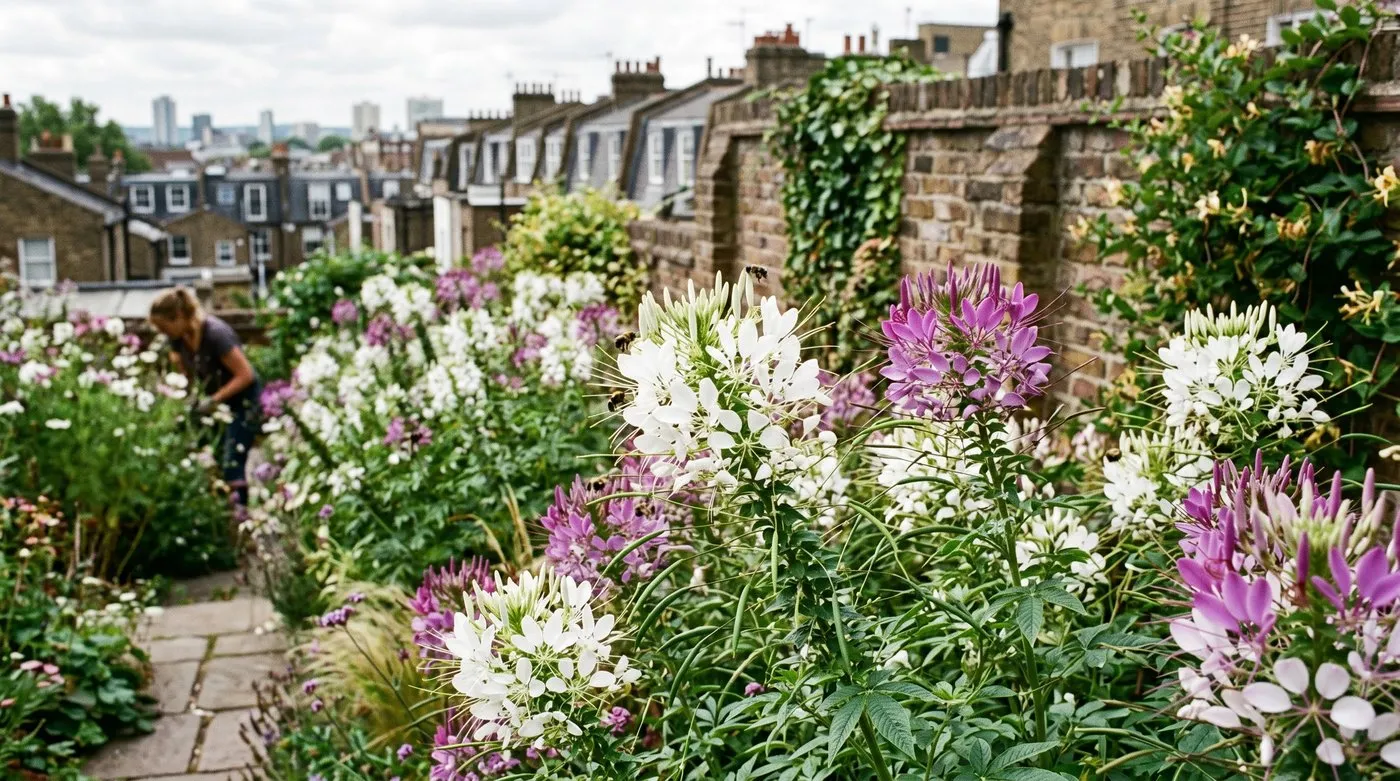 A drift of white and purple cleome spider flowers in a sunny urban terraced garden with bees visiting
