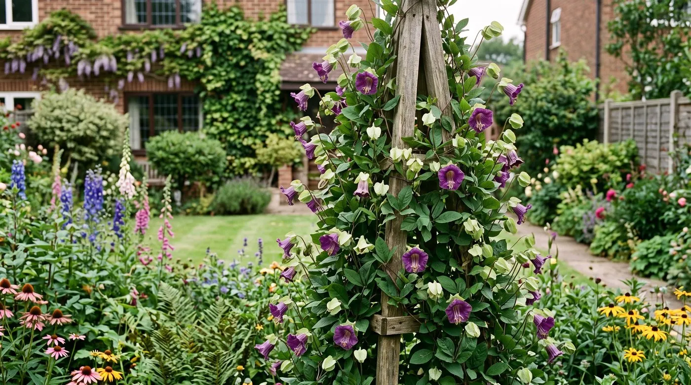 Cobaea vine climbing an obelisk covered in purple and green flowers in a UK garden border