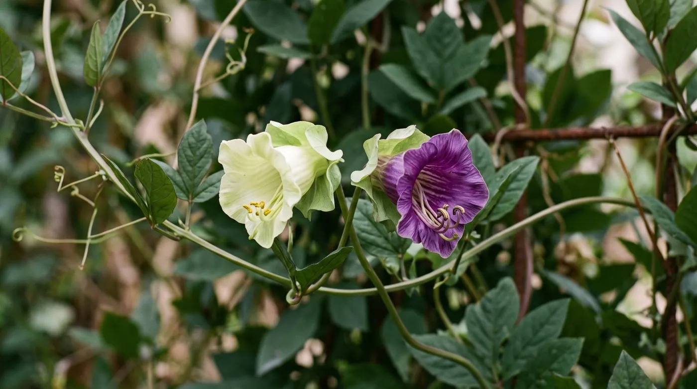 Cobaea flowers at two stages on one vine, creamy-green opening blooms beside aged deep purple flowers