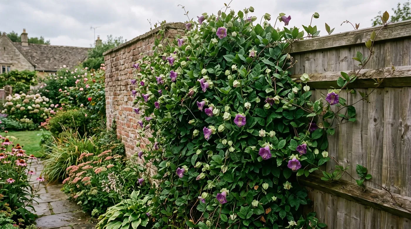 Cobaea vine covering a garden fence in dense green growth and purple flowers in late summer