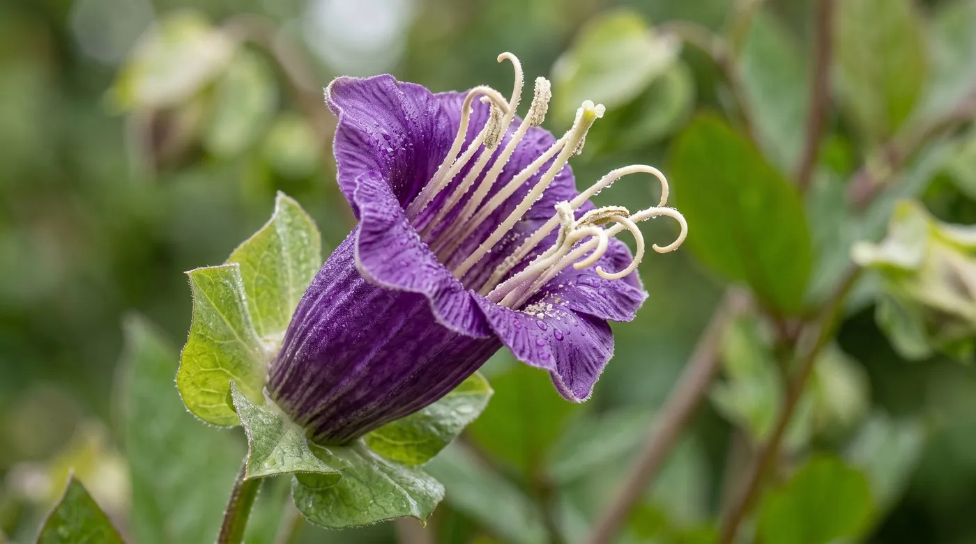 Close-up of a single cobaea cup-and-saucer flower showing the purple bell and green saucer calyx
