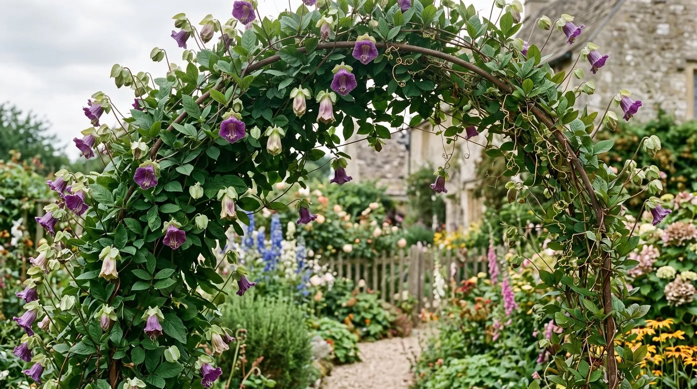Cobaea scandens cup-and-saucer vine covering a support in a UK garden with purple bell flowers