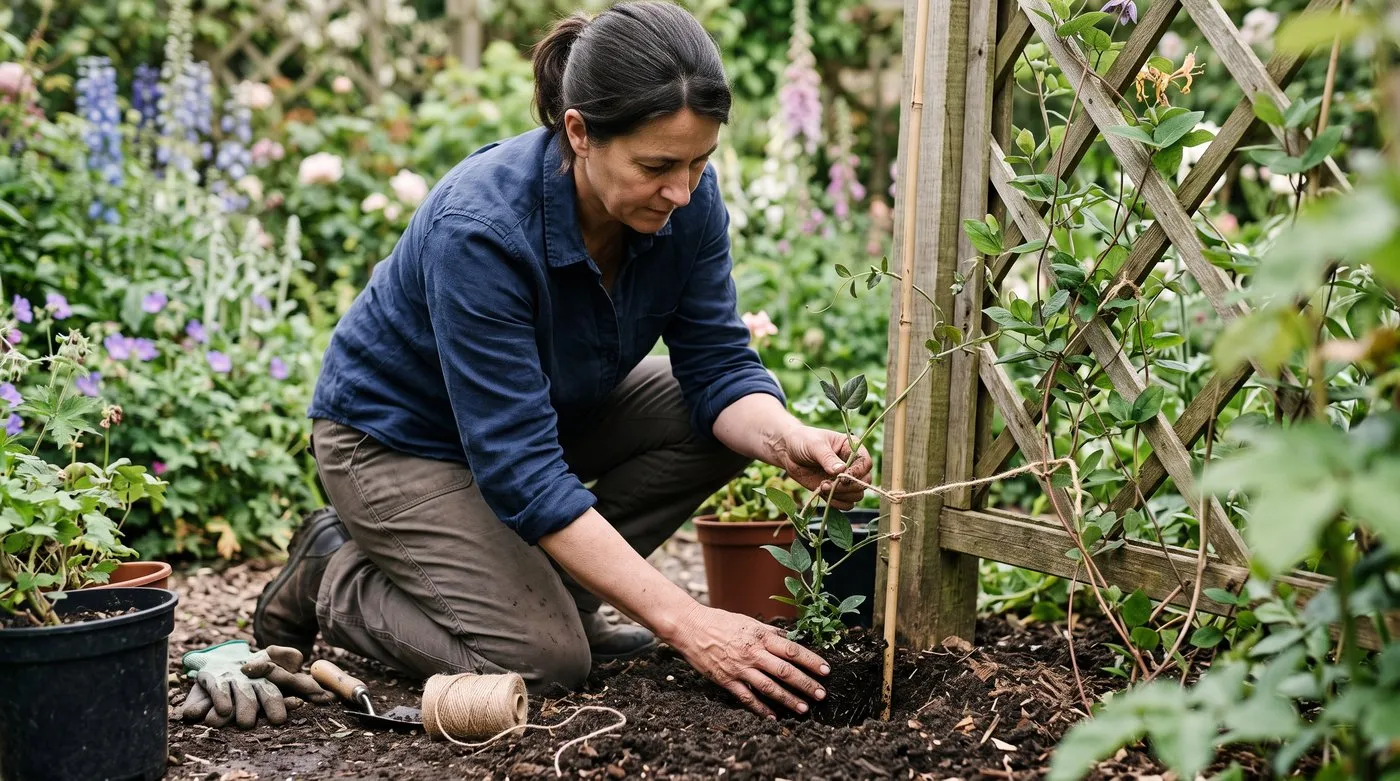 A gardener planting and tying in a young cobaea plant at the base of a support in a UK garden