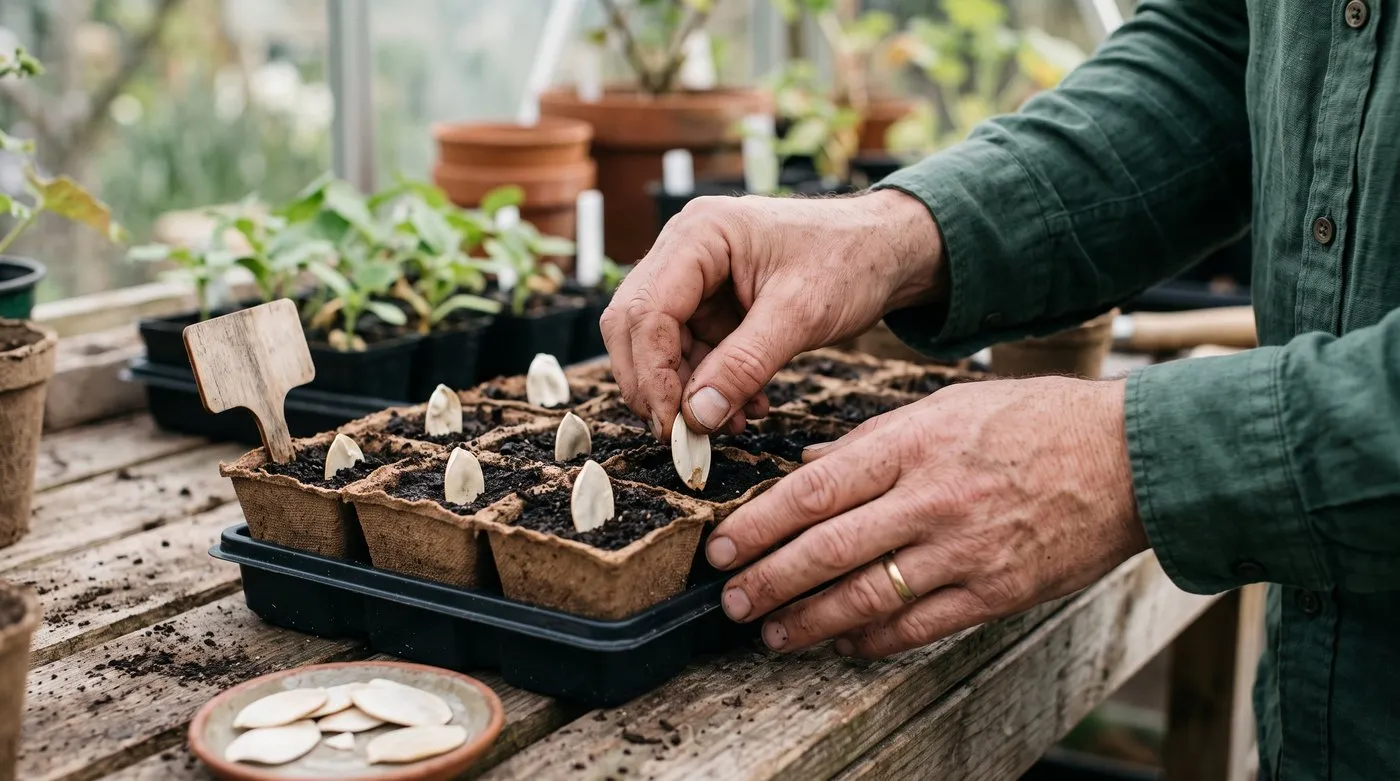 Hands sowing large flat cobaea seeds on their edge into individual pots of compost on a bench
