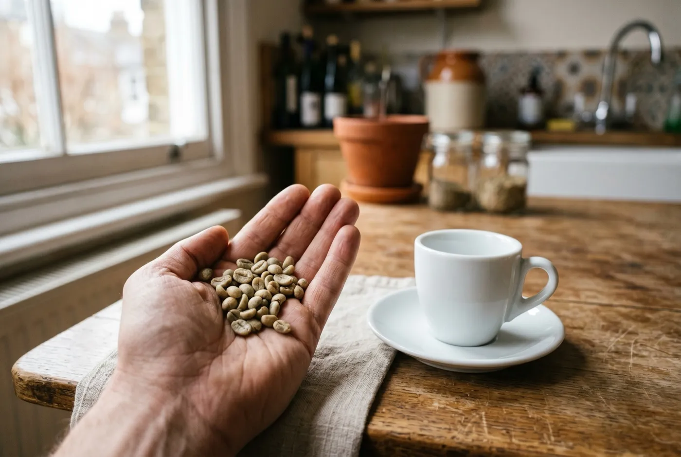 A small handful of homegrown green coffee beans next to a single espresso cup on a wooden kitchen table