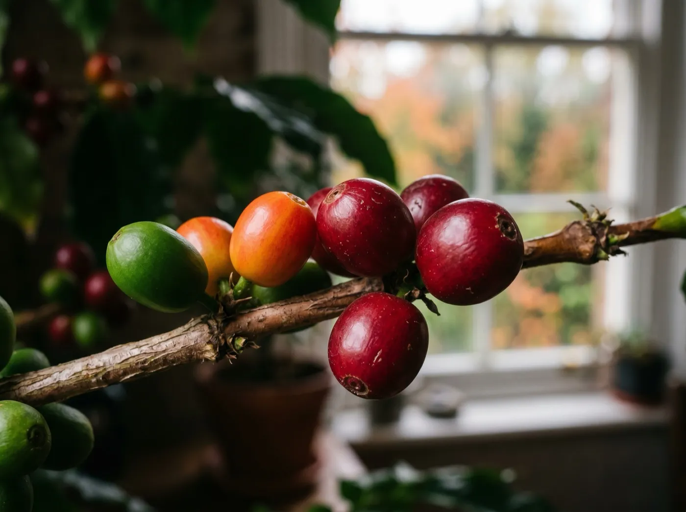 Close-up of deep red coffee cherries ripening along the stem of an indoor Coffea arabica plant