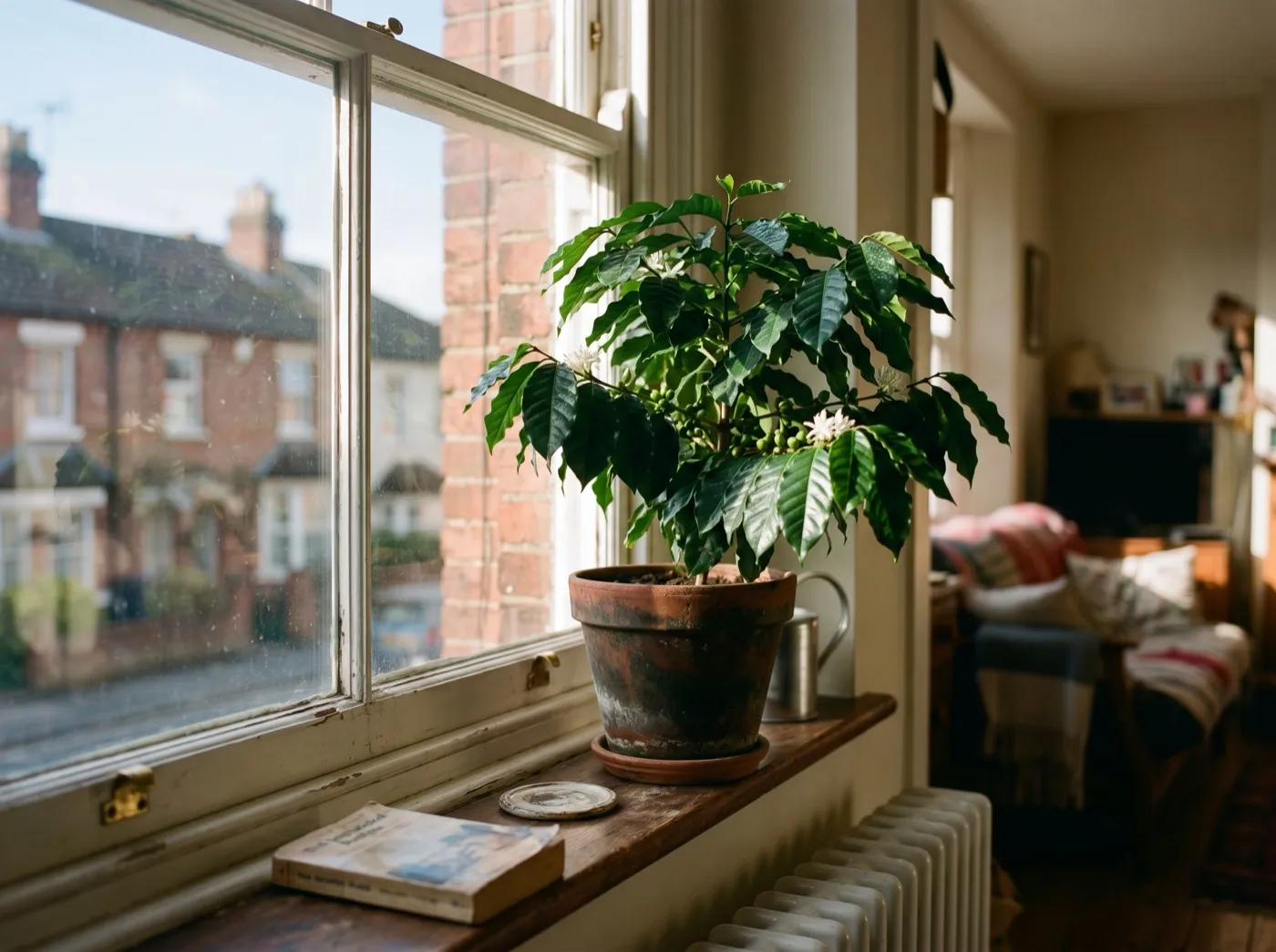 Coffea arabica plant in a terracotta pot on the east-facing windowsill of a UK terraced house in morning light