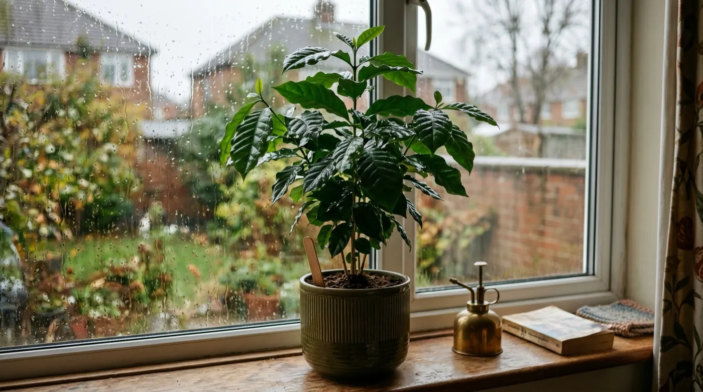 Glossy Coffea arabica coffee plant in a ceramic pot on a bright UK windowsill with rain on the glass