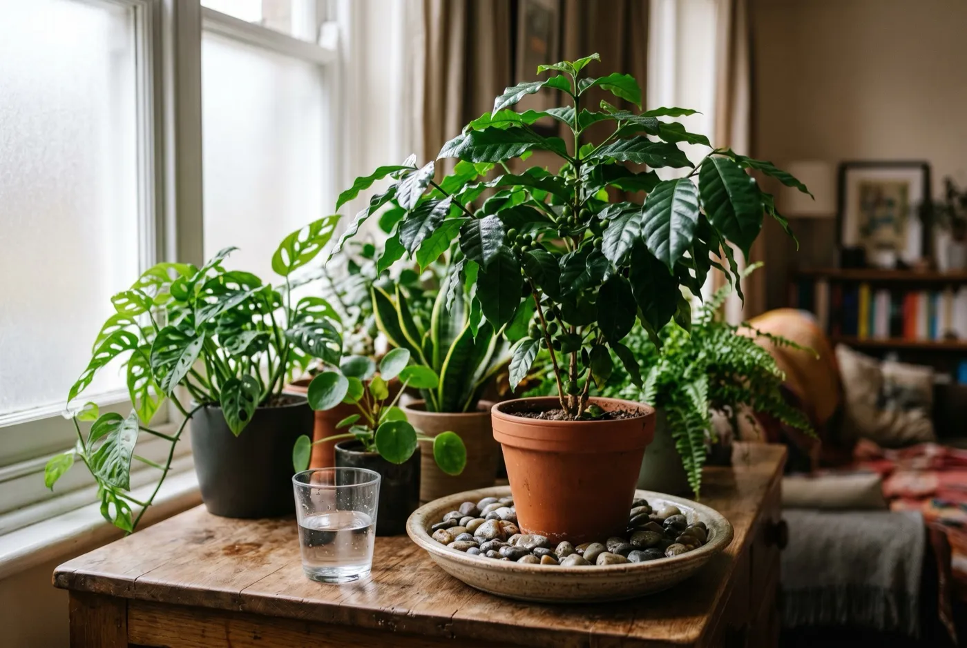Coffee plant standing on a pebble tray among grouped houseplants near a bright window in a UK flat