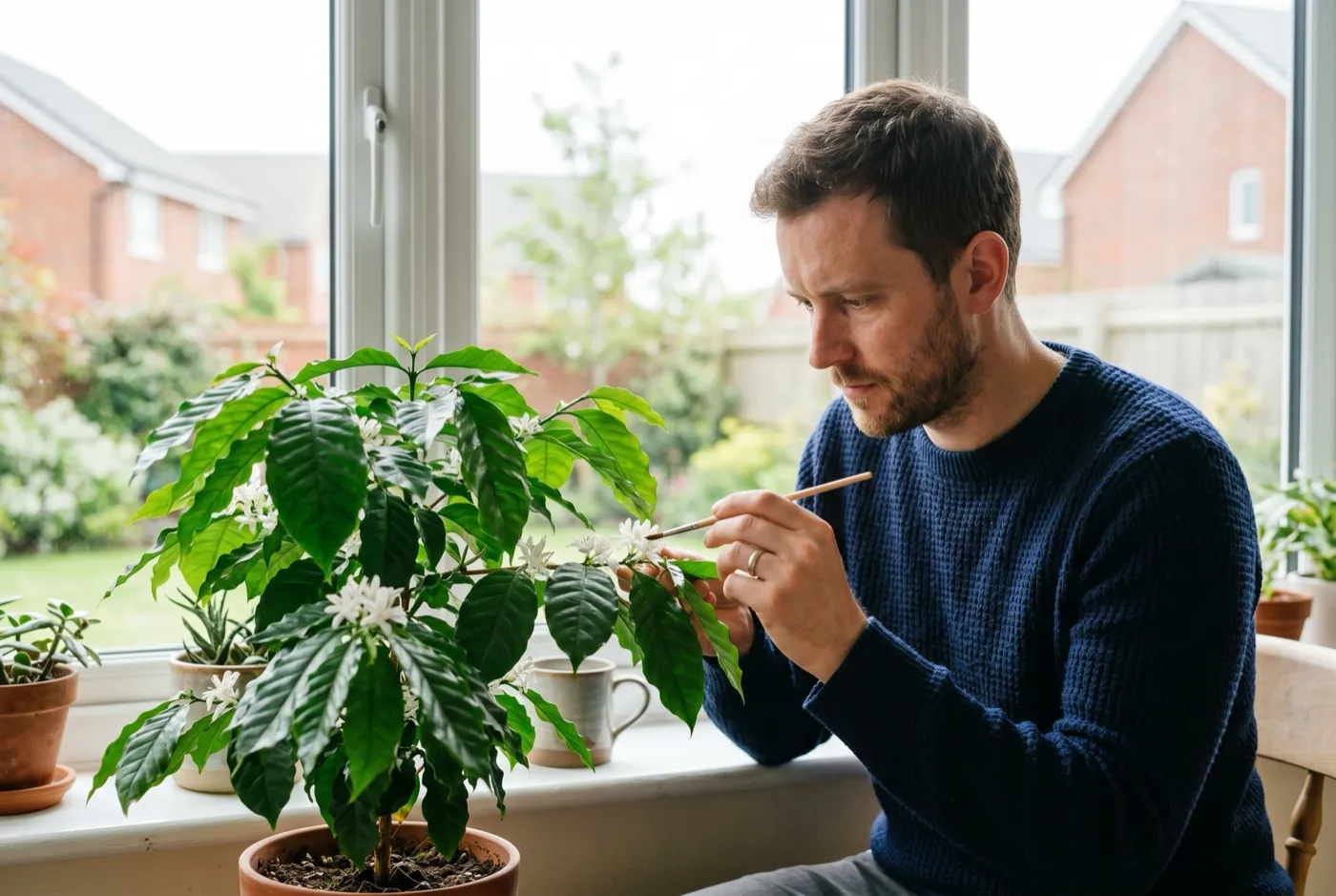 Man in his thirties hand-pollinating white coffee plant flowers with a small paintbrush at a bright windowsill