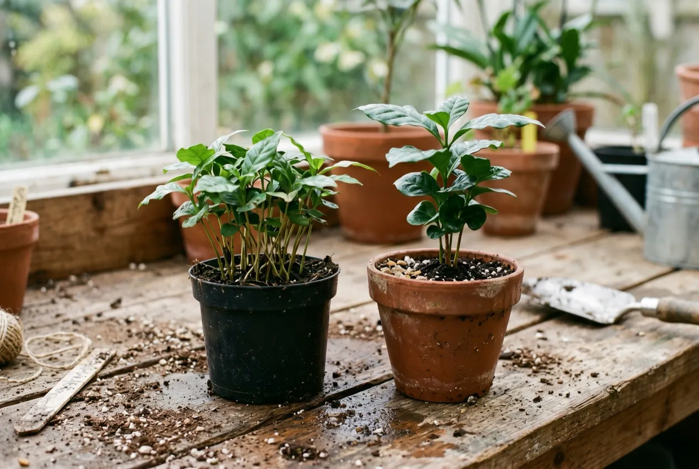 Side by side comparison of an overcrowded coffee seedling clump in one pot and a single separated plant in its own pot
