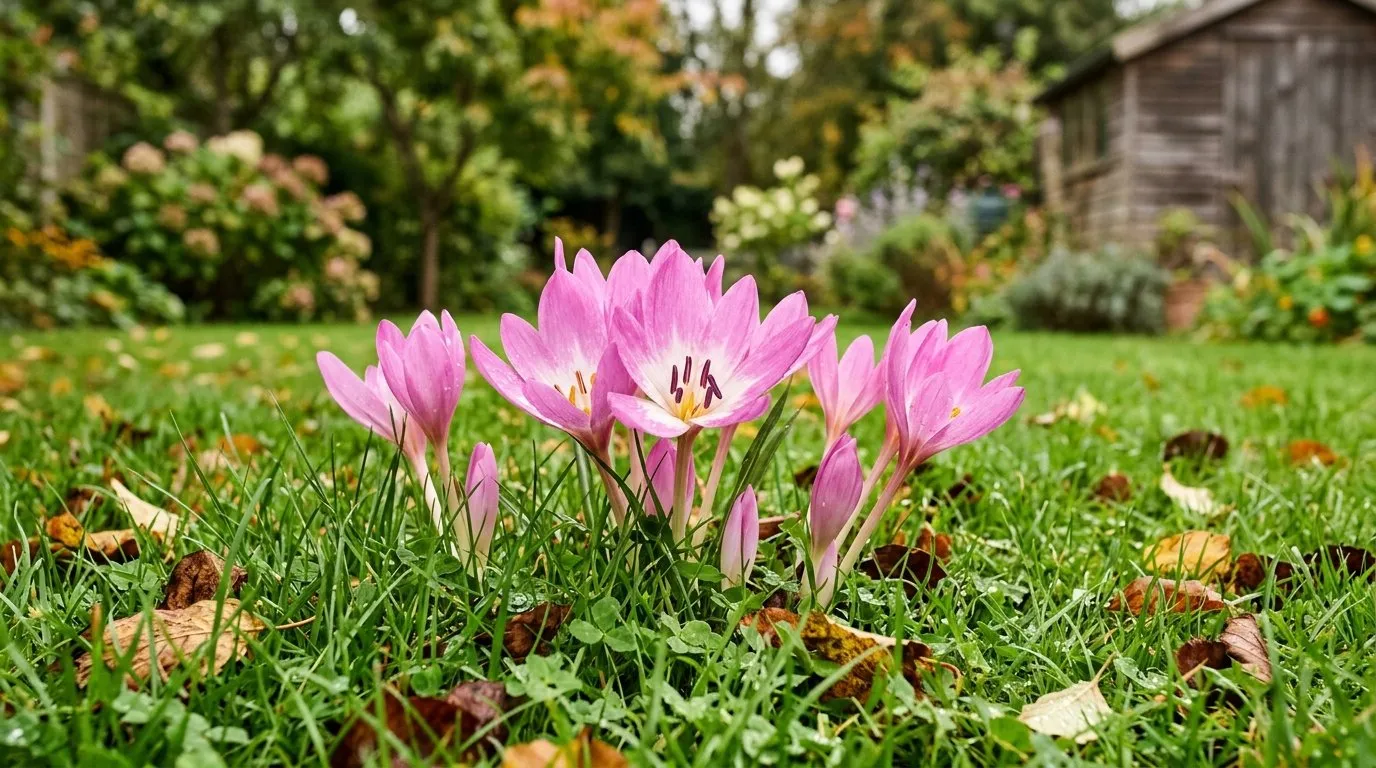 Pink colchicum autumn crocus flowers blooming in a UK garden lawn in September without leaves