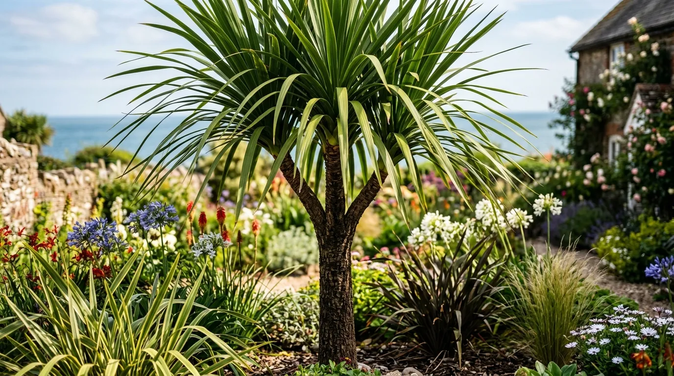 Mature green cordyline australis with arching palm-like leaves growing in a coastal UK garden border