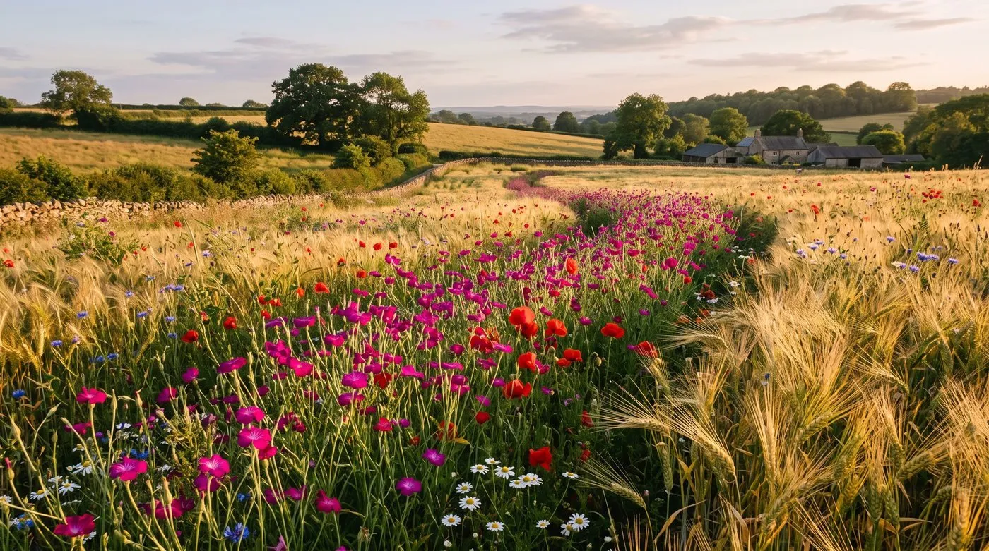 A drift of corncockle flowering in a cornfield-annual meadow mix in a real UK garden setting