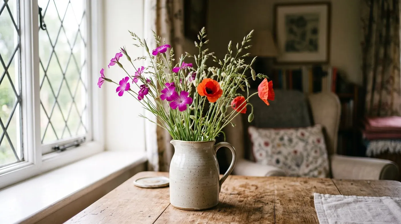An informal cottage jug of cut corncockle stems indoors on a wooden table in soft daylight