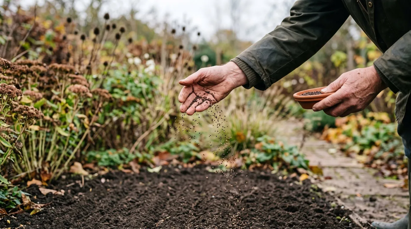 A person's gloved hands broadcasting corncockle seed into prepared soil in a sunny UK garden bed