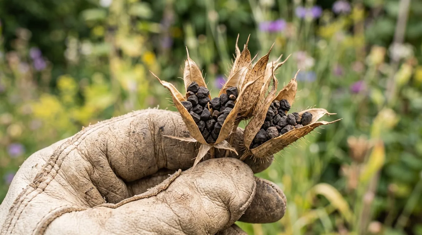 Close-up of ripe corncockle seed capsules with a gloved hand, the seeds being the most poisonous part