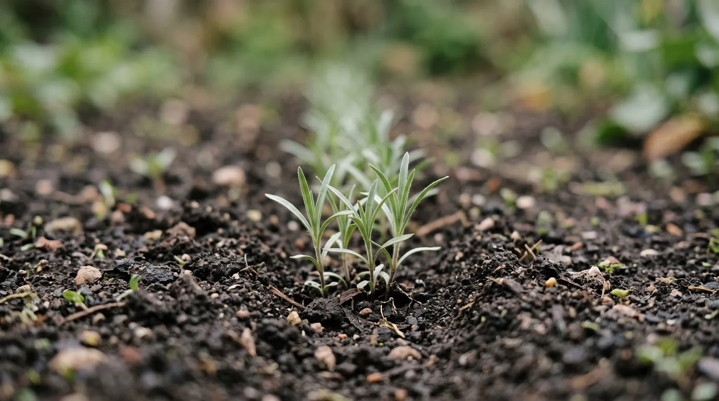 Young grassy corncockle seedlings growing in a seed drill in prepared garden soil